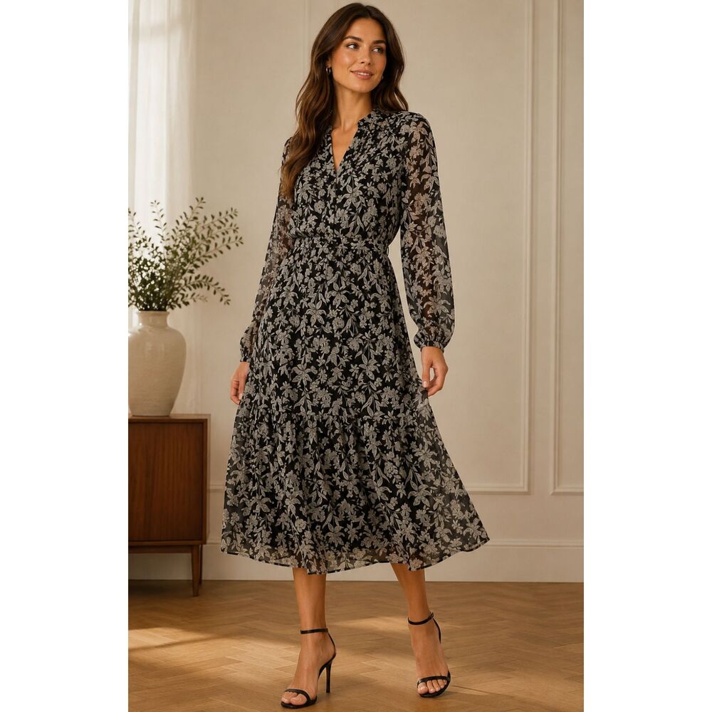 Lauren Ralph Lauren Black & White Floral Georgette Tiered Midi Dress Size 16‎